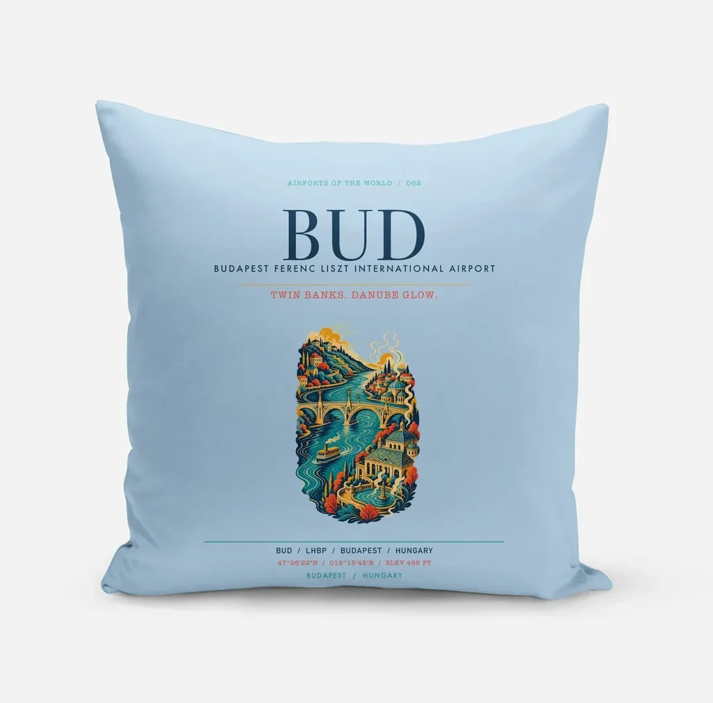 Budapest Ferenc Liszt International Airport (BUD) design on light blue pillow
