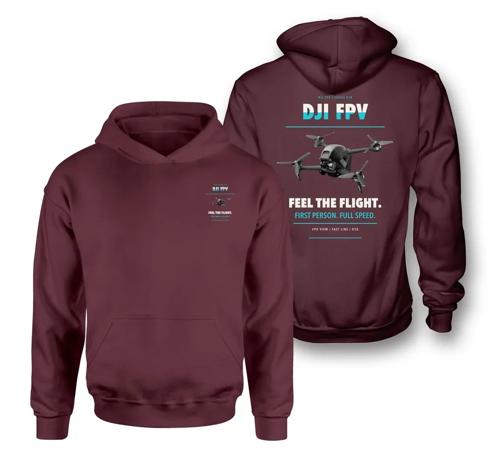 DJI FPV design on dark red hoodie