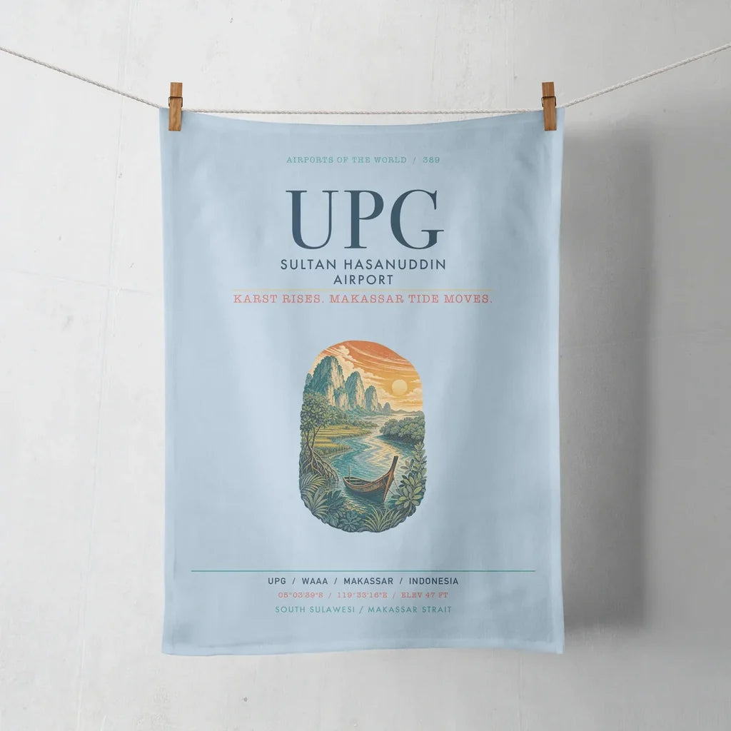 Sultan Hasanuddin Airport (UPG) design on light blue towel