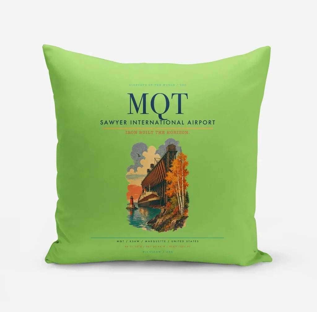 Sawyer International Airport (MQT) design on light green pillow