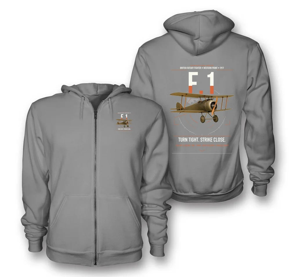 Sopwith Camel F.1 design on gray premium zipped hoodie, double-side print