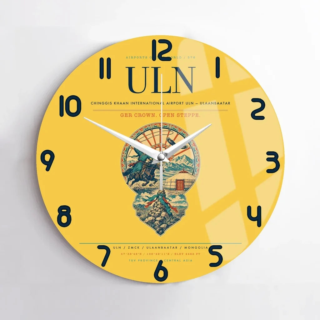 Chinggis Khaan International Airport (ULN) design on yellow no frame wall clock