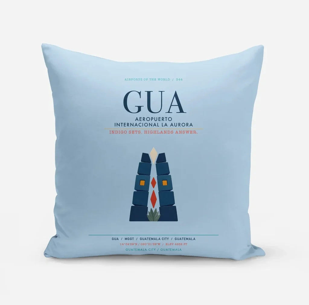 Aeropuerto Internacional La Aurora (GUA) design on light blue pillow