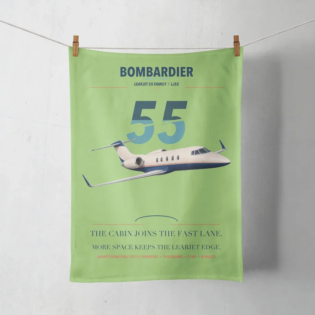 Bombardier Learjet 55 design on light green towel