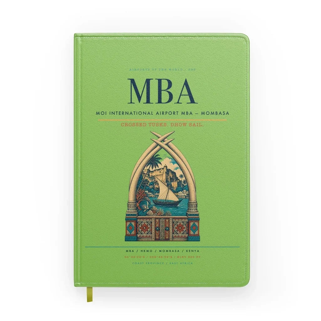 Moi International Airport (MBA) design on light green notebook