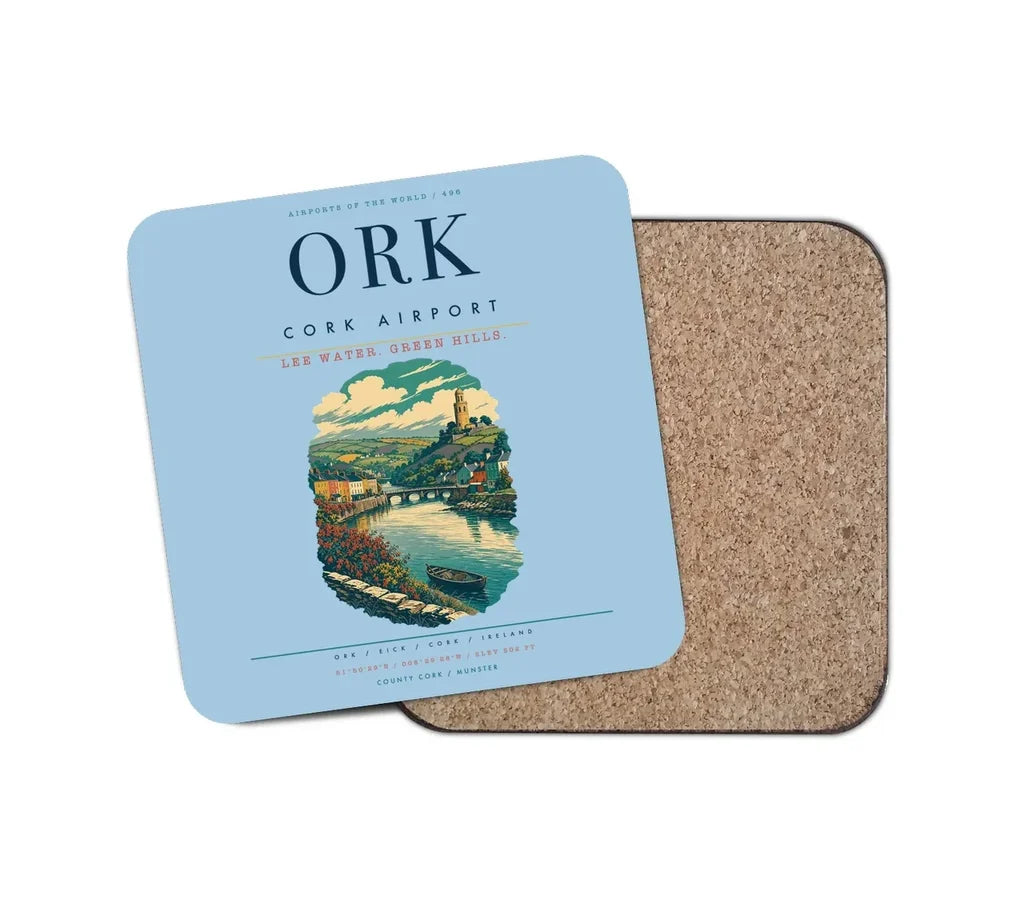 Cork Airport (ORK) design on light blue 1 piece coaster