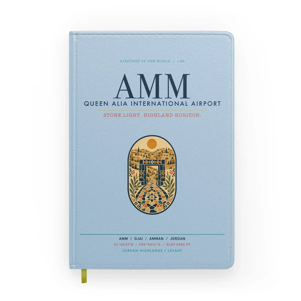 Queen Alia International Airport (AMM) design on light blue notebook