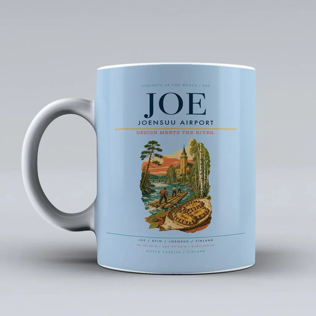 Joensuu Airport (JOE) airport code design on light blue ceramic mug