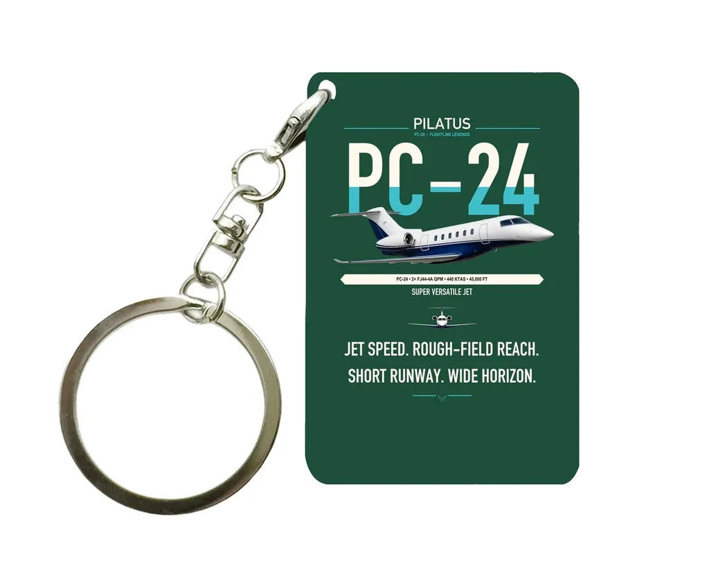 Pilatus PC-24 design on dark green designed key chain, double-side print