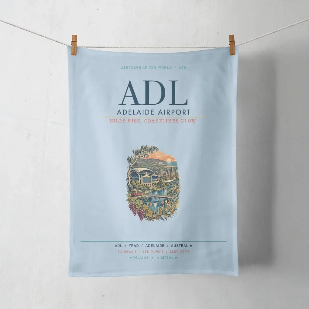Adelaide Airport (ADL) design on light blue towel