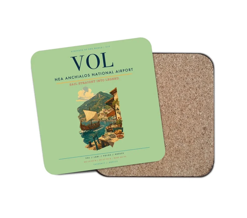 Nea Anchialos National Airport (VOL) design on light green 1 piece coaster