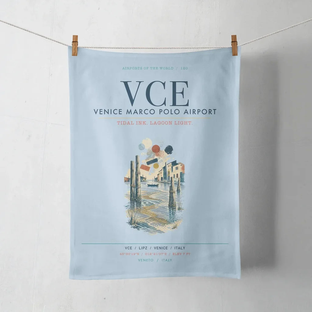 Venice Marco Polo Airport (VCE) design on light blue towel