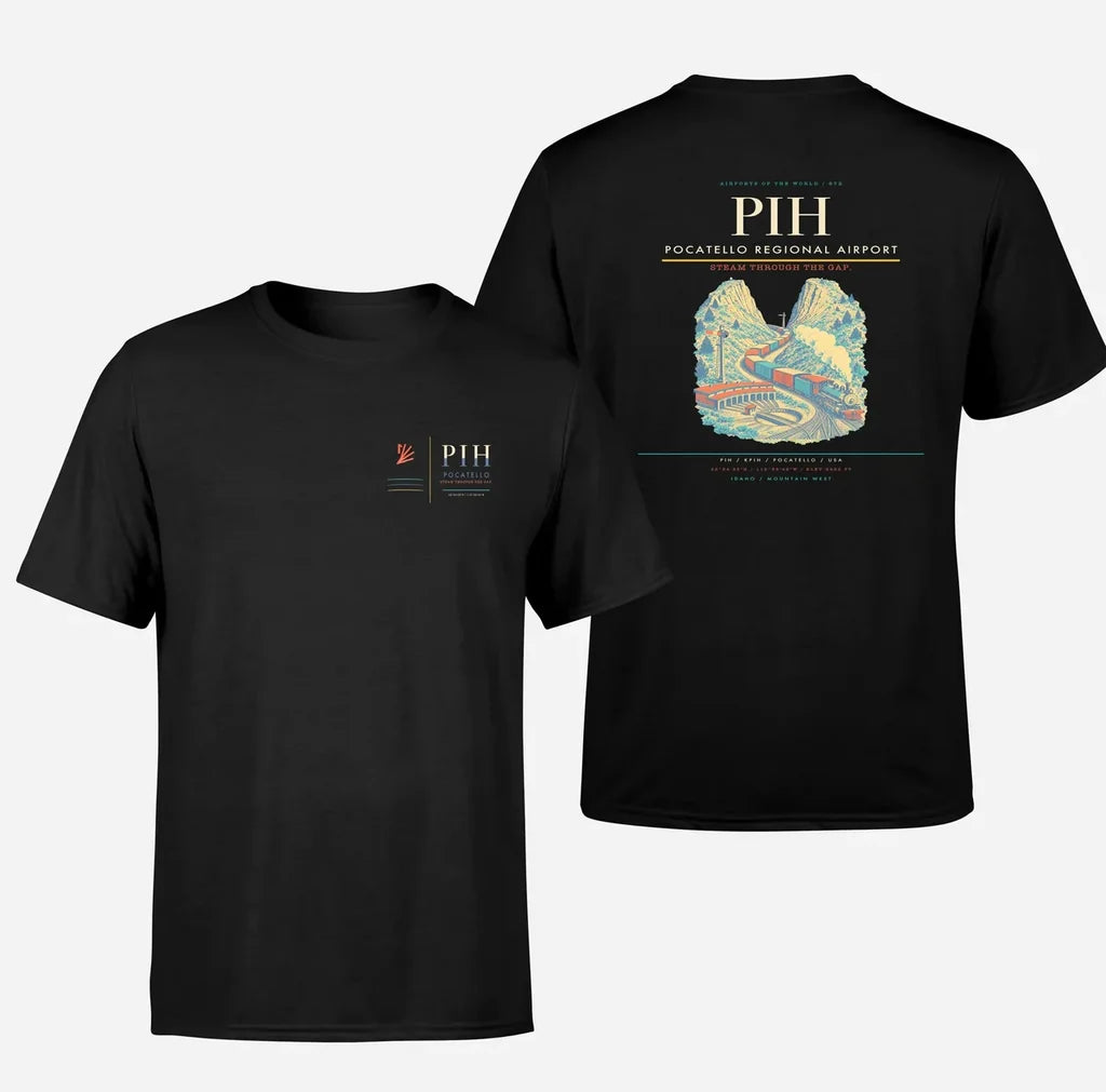 Pocatello Regional Airport (PIH) design printed on black double-side t-shirt