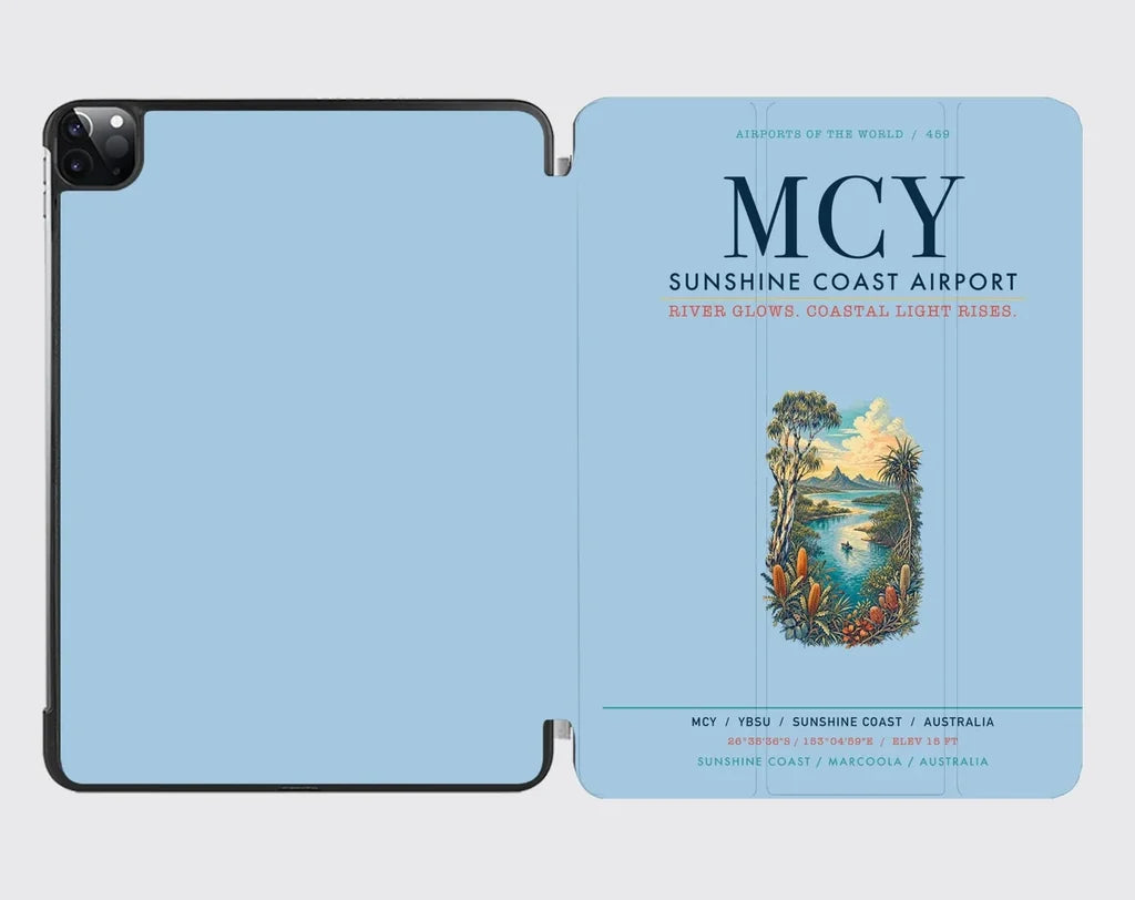 Sunshine Coast Airport (MCY) design on light blue ipad tablet case