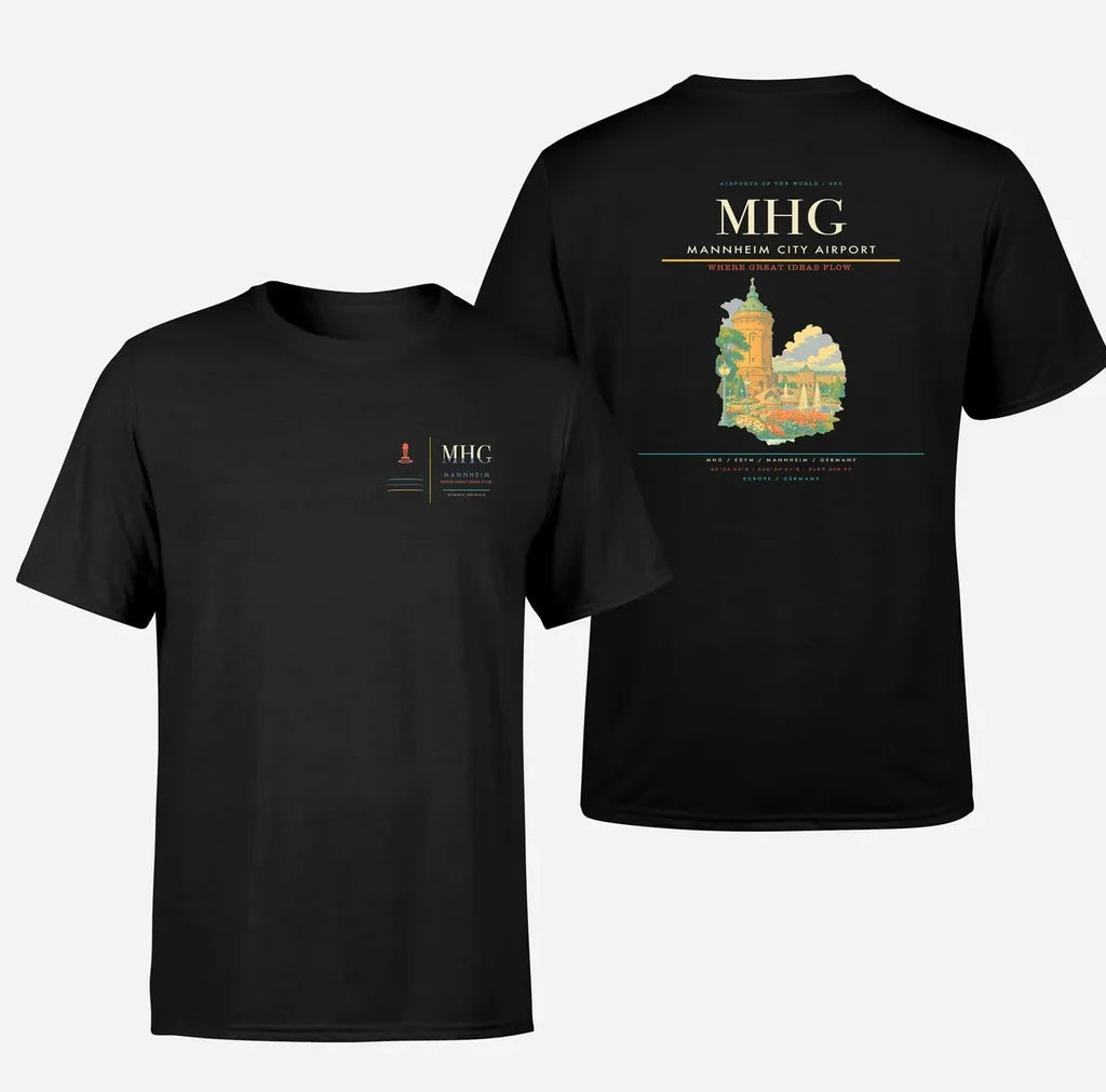 Mannheim City Airport (MHG) design printed on black double-side t-shirt