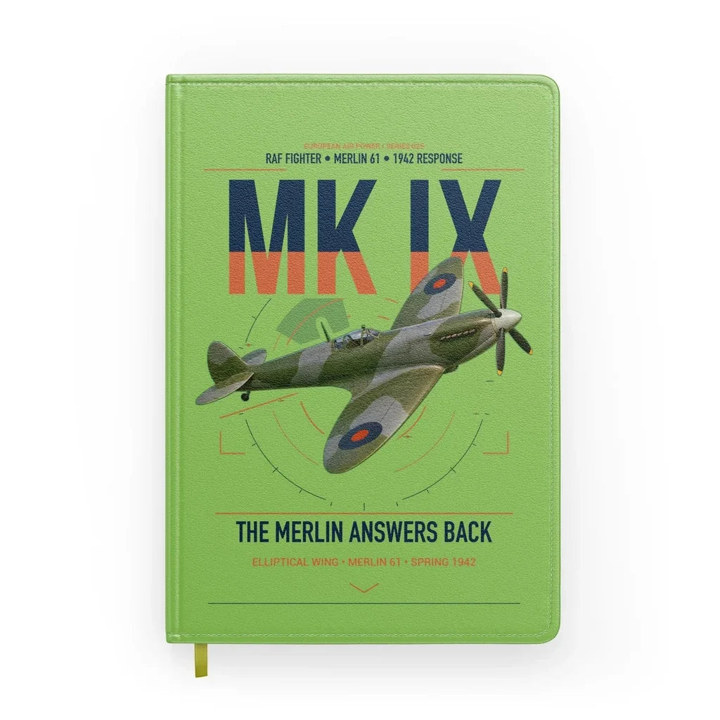 Supermarine Spitfire Mk IX design on light green notebook