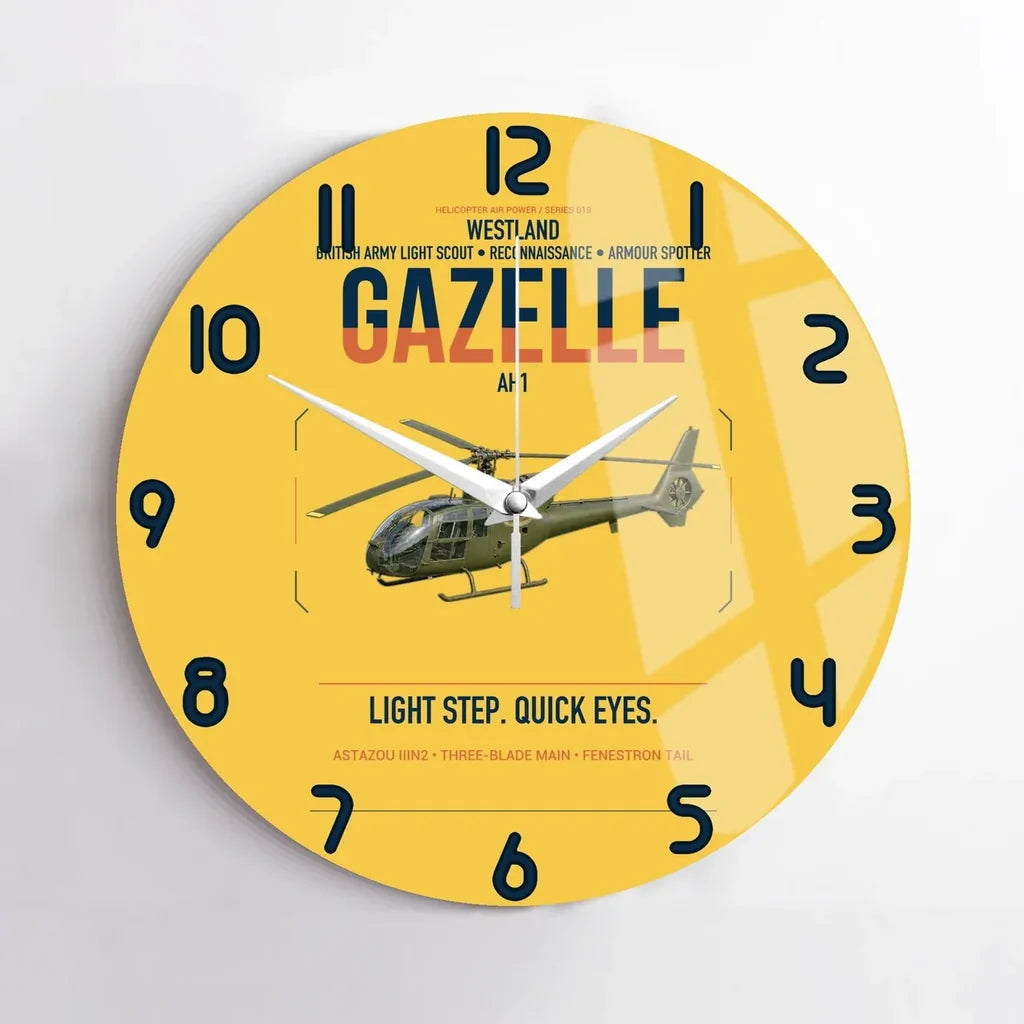 Westland Gazelle AH1 design on yellow no frame wall clock
