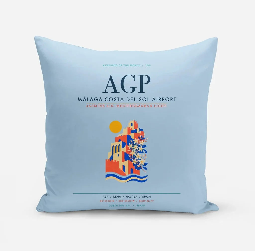 Malaga-Costa del Sol Airport (AGP) design on light blue pillow