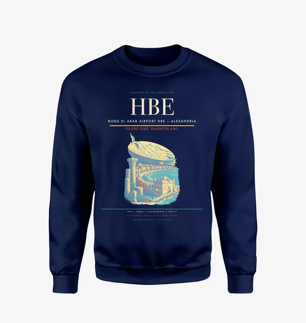 Borg El Arab Airport (HBE) design on navy blue sweatshirt