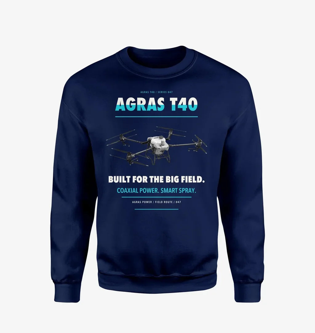 DJI Agras T40 design on navy blue sweatshirt