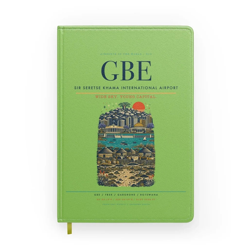 Sir Seretse Khama International Airport (GBE) design on light green notebook