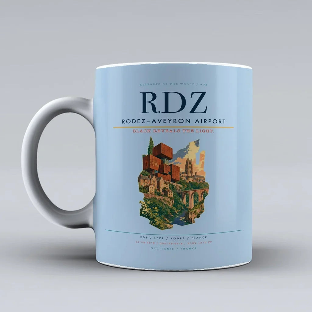 Rodez–Aveyron Airport (RDZ) airport code design on light blue ceramic mug