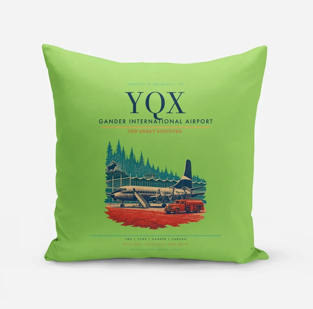 Gander International Airport (YQX) design on light green pillow