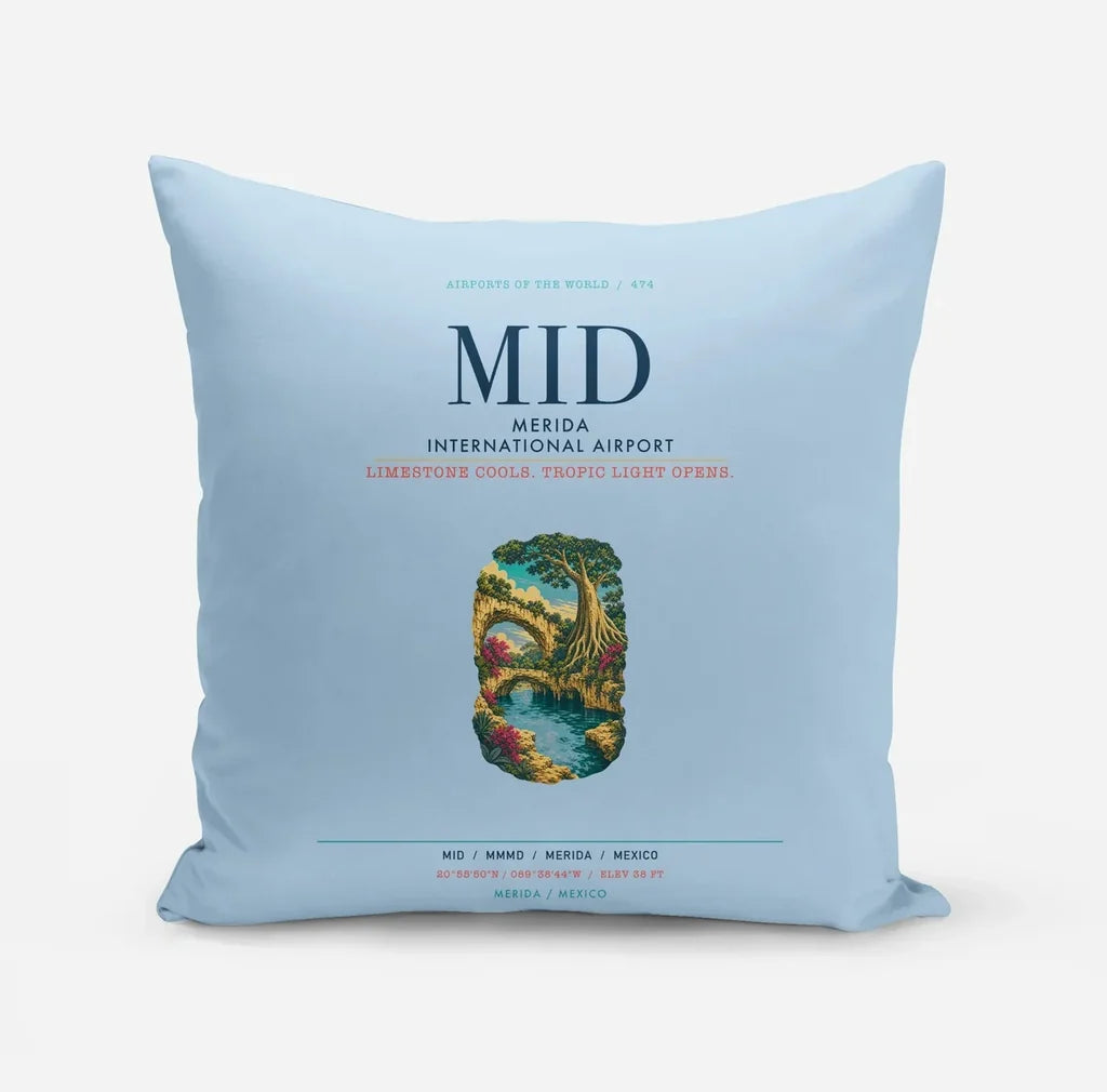 Merida International Airport (MID) design on light blue pillow
