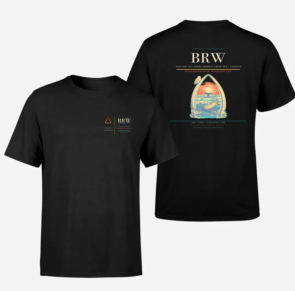 Wiley Post–Will Rogers Memorial Airport (BRW) design printed on black double-side t-shirt