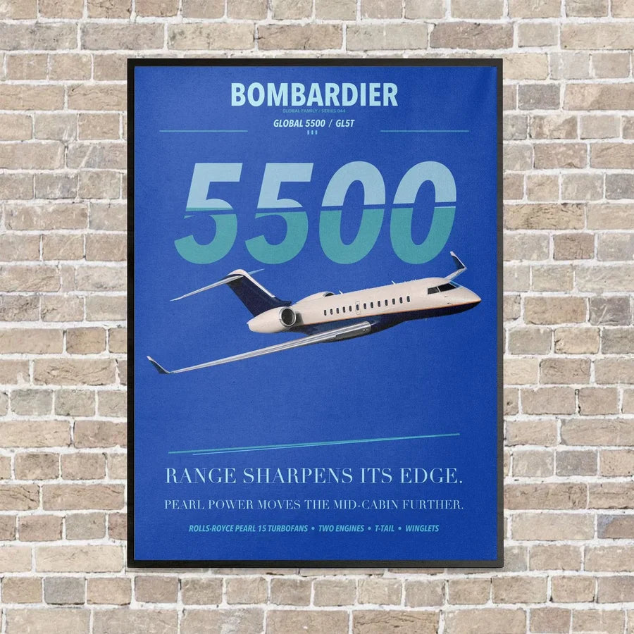 Bombardier Global 5500 vertical canvas print - framed - blue background