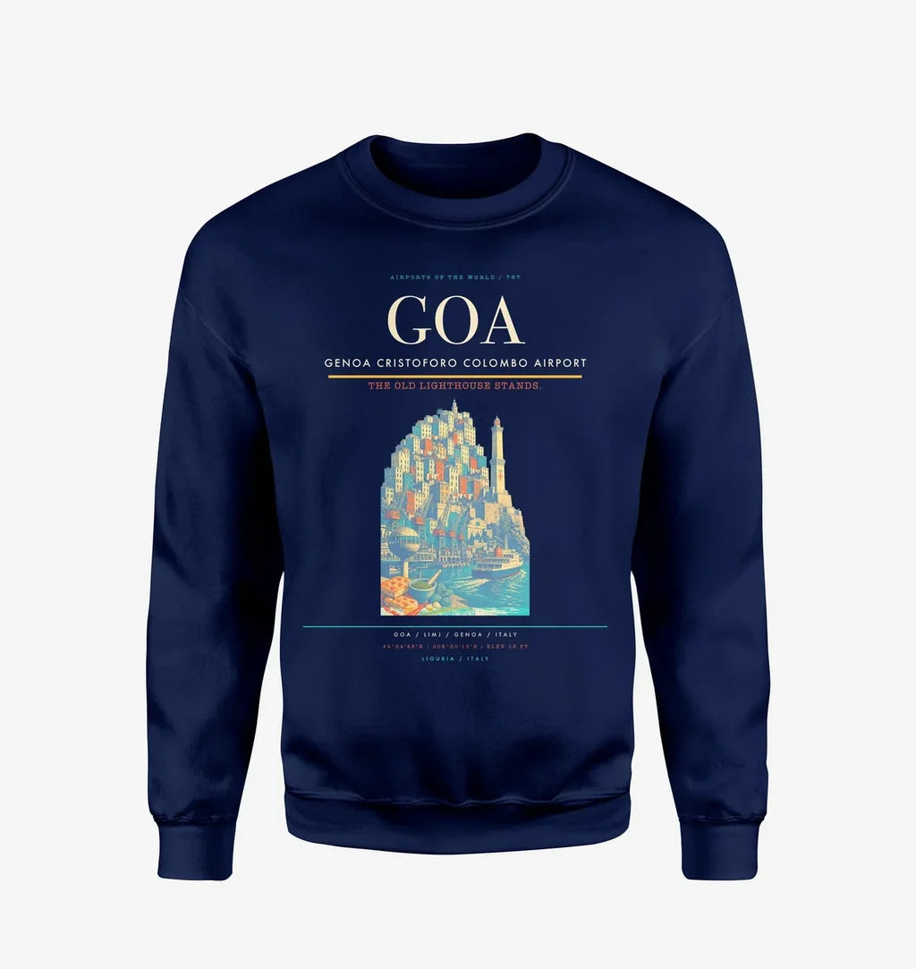Genoa Cristoforo Colombo Airport (GOA) design on navy blue sweatshirt