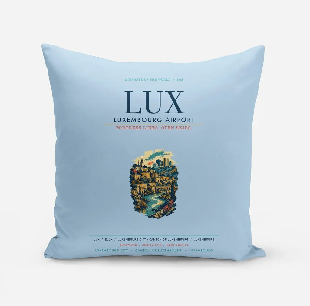 Luxembourg Airport (LUX) design on light blue pillow