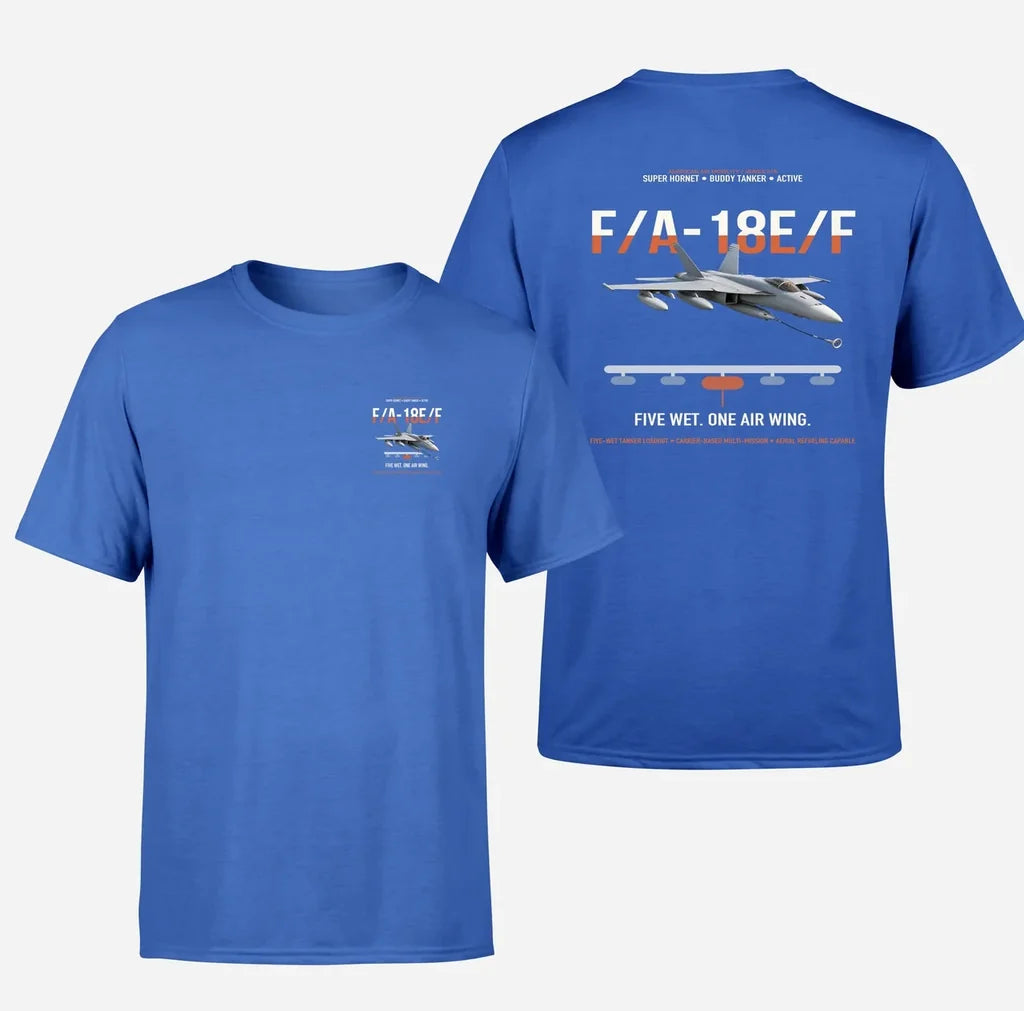 F A-18E F Buddy Tanker design on blue double-side t-shirt, double-side print