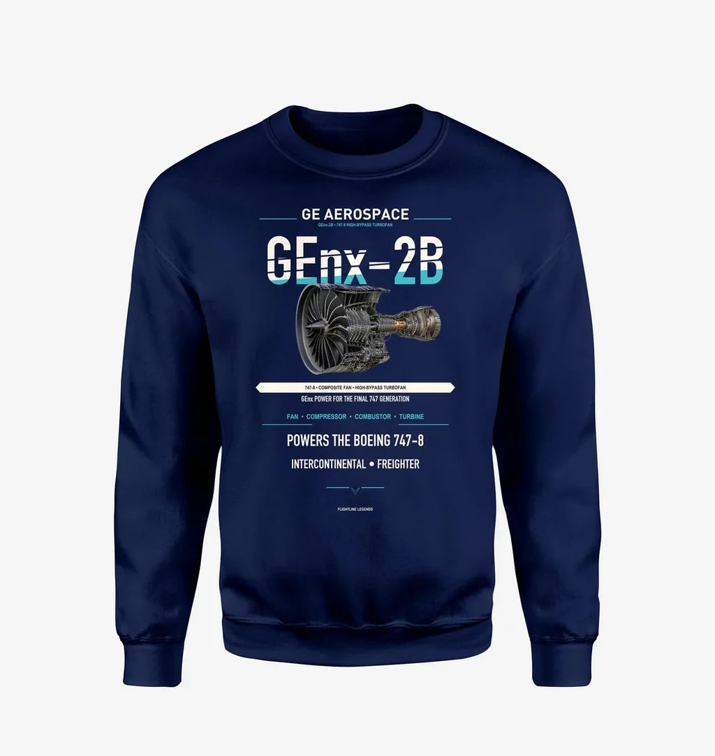 GEnx-2B design on navy blue sweatshirt