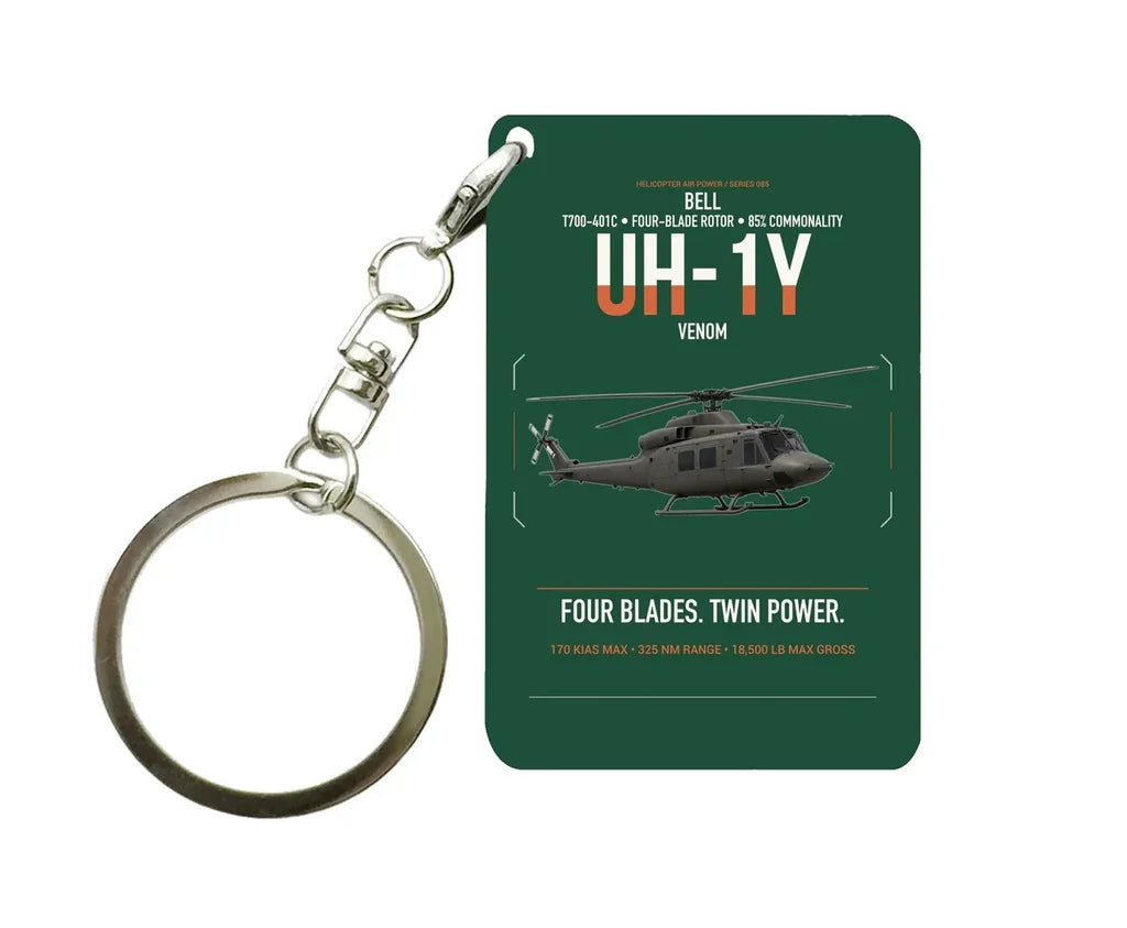 Bell UH-1Y Venom design on dark green designed key chain, double-side print