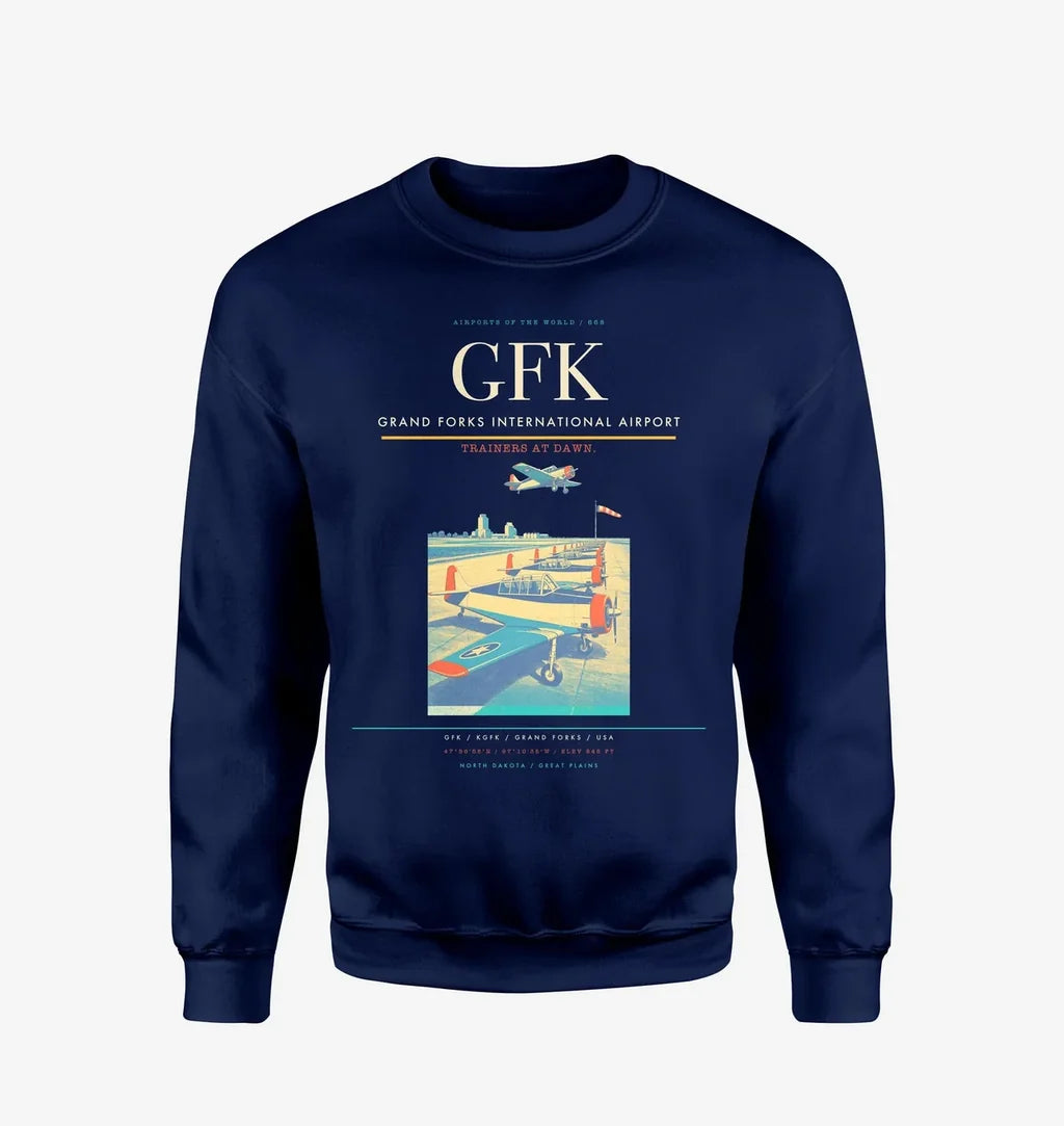 Grand Forks International Airport (GFK) design on navy blue sweatshirt