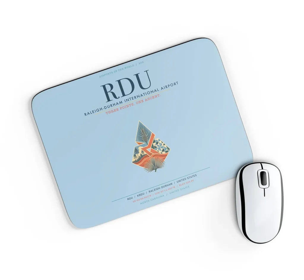 Raleigh-Durham International Airport (RDU) design on light blue rectangle mouse pad