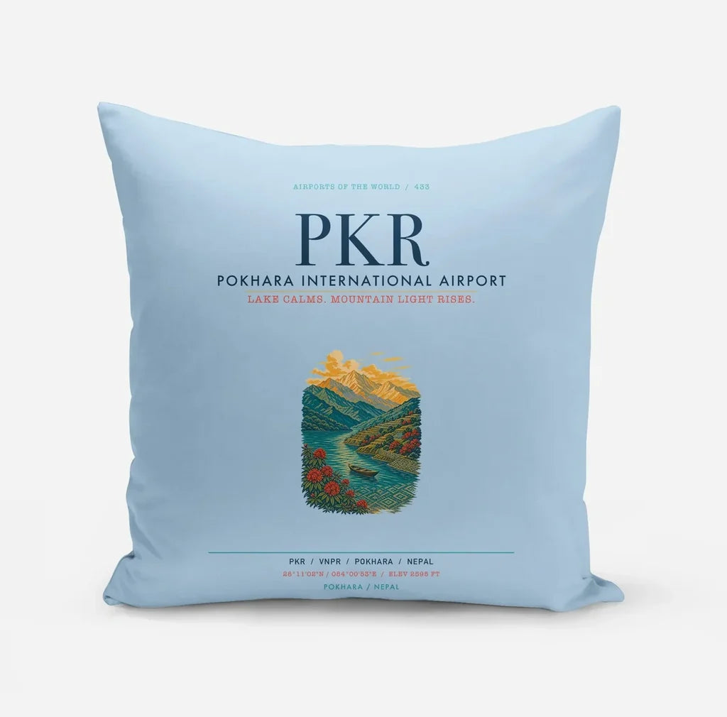 Pokhara International Airport (PKR) design on light blue pillow