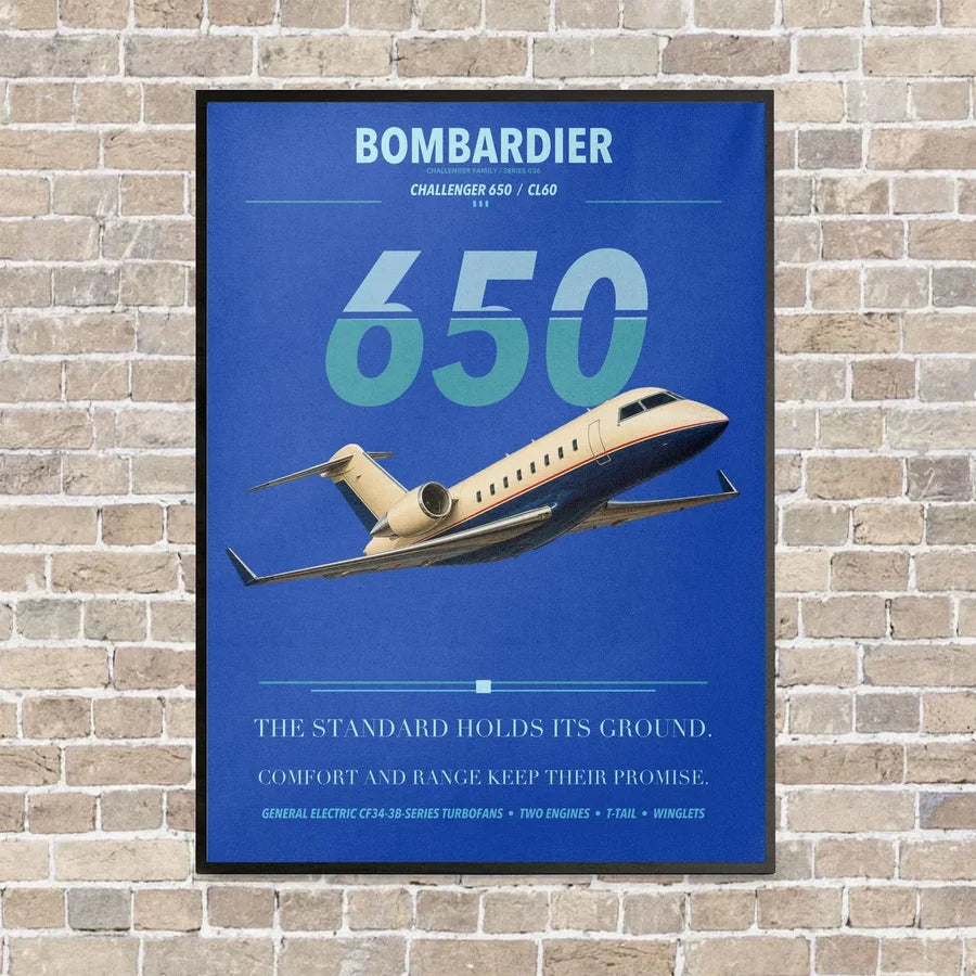 Bombardier Challenger 650 vertical canvas print - framed - blue background