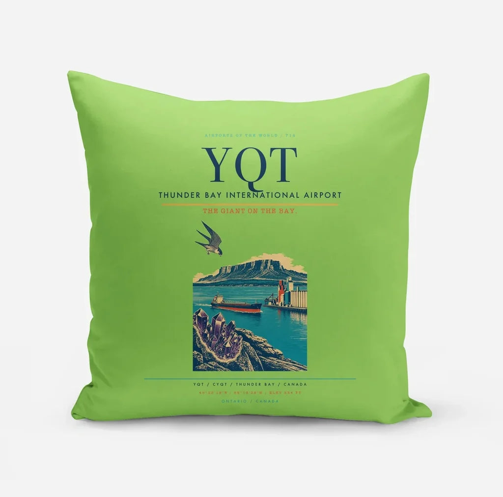 Thunder Bay International Airport (YQT) design on light green pillow