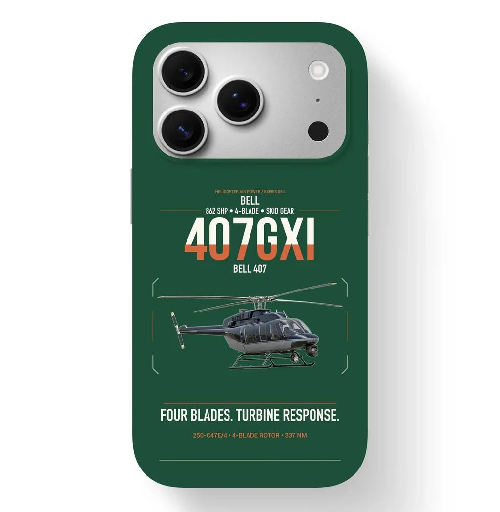 Bell 407GXi design on dark green magsafe iphone case, for iPhone 17 Pro