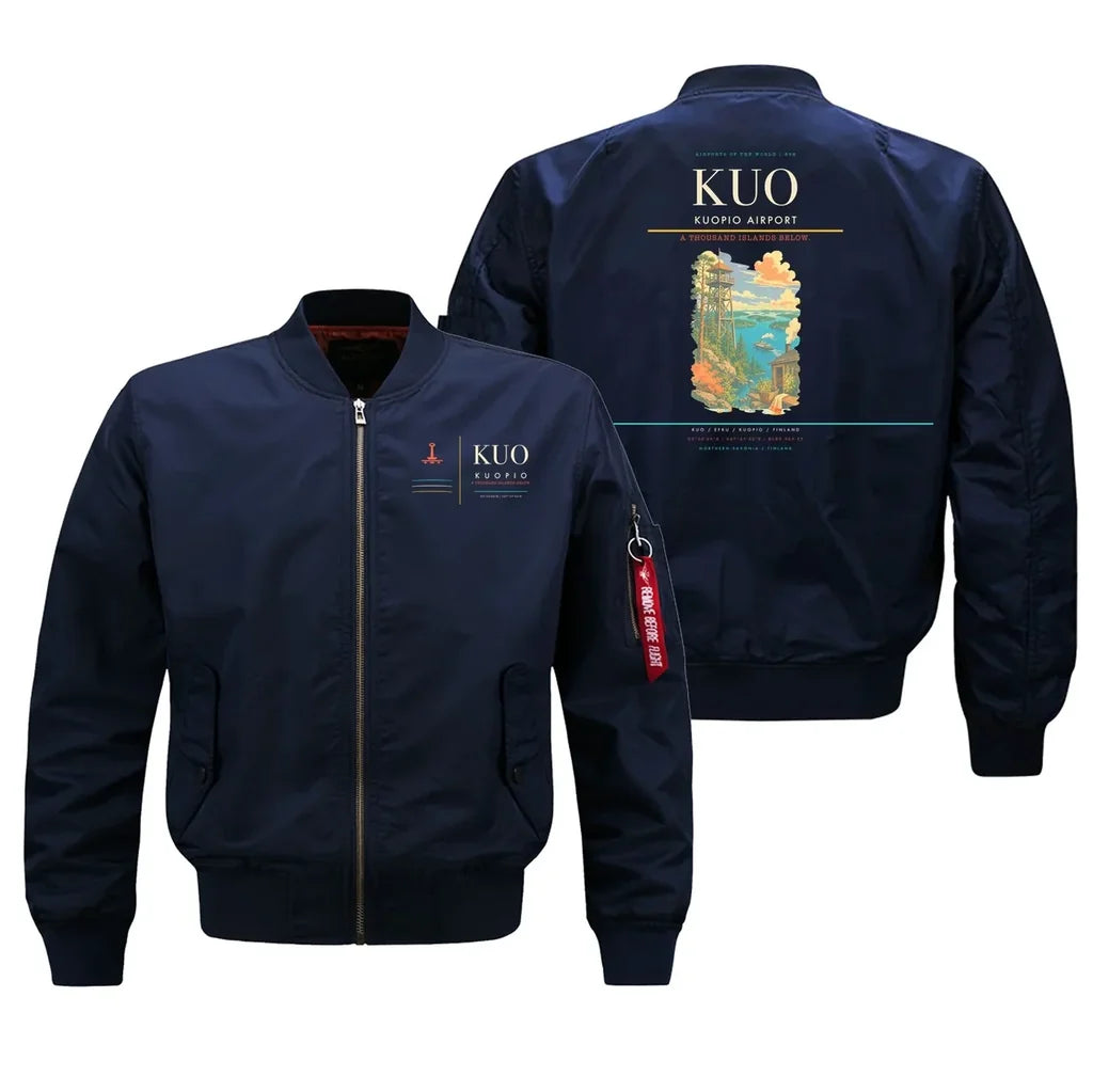 Kuopio Airport (KUO) design on blue bomber jacket