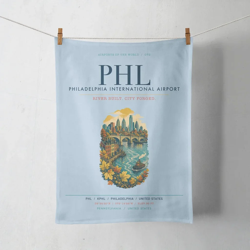 Philadelphia International Airport (PHL) design on light blue towel
