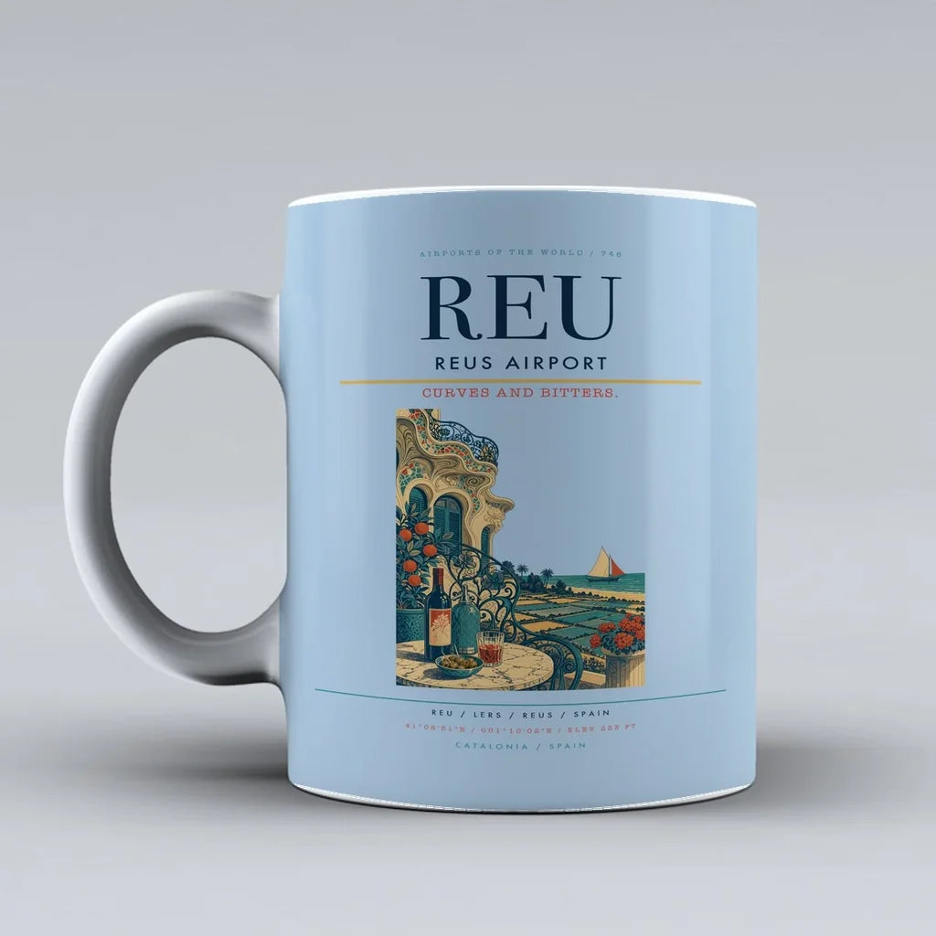 Reus Airport (REU) airport code design on light blue ceramic mug