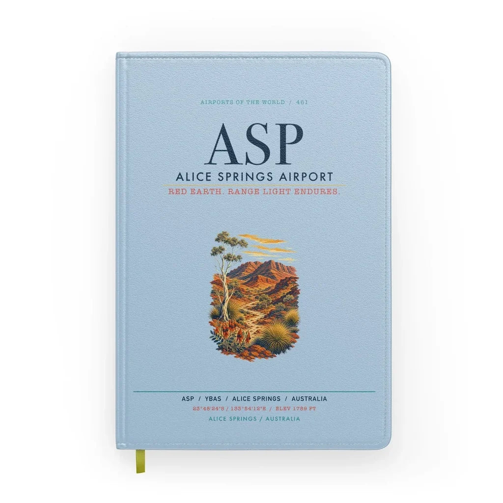 Alice Springs Airport (ASP) design on light blue notebook