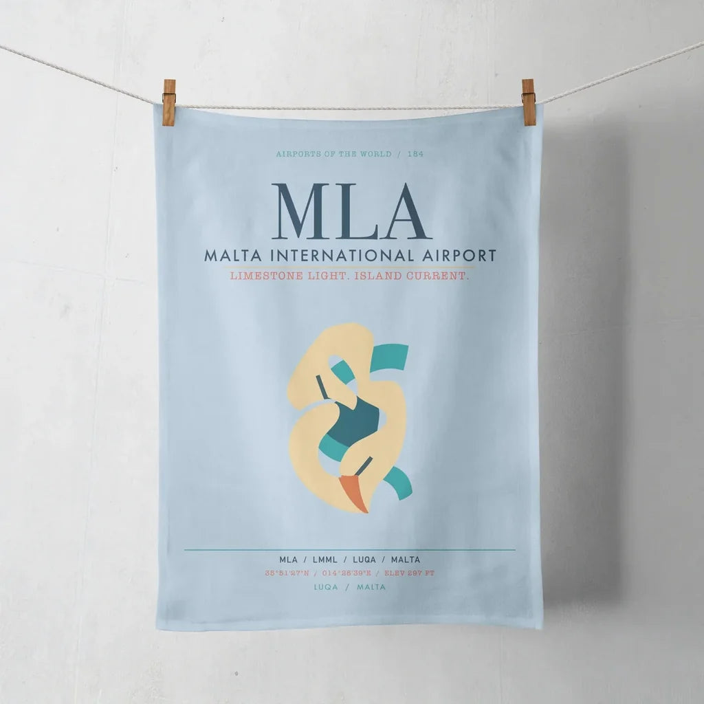 Malta International Airport (MLA) design on light blue towel