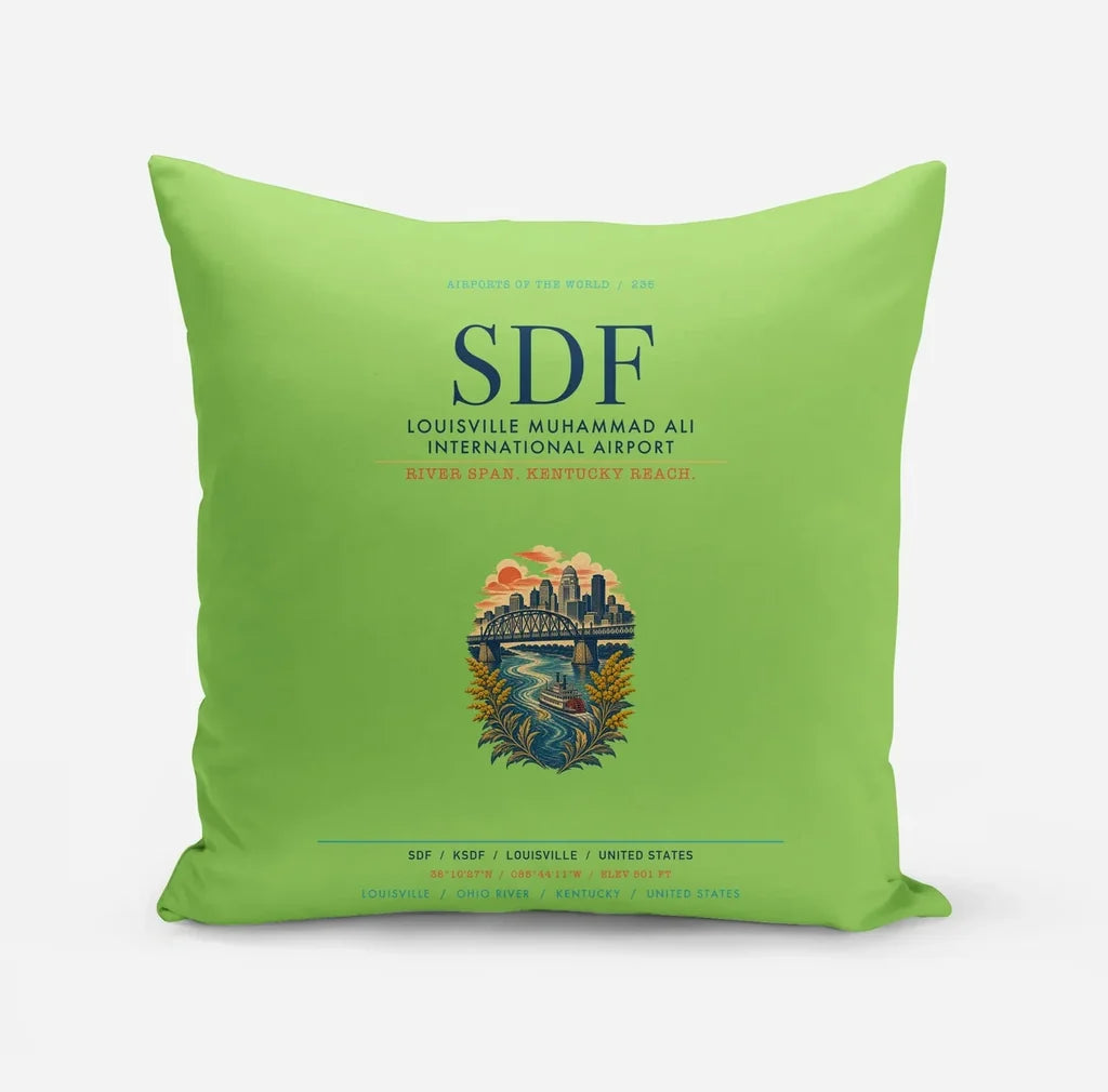 Louisville Muhammad Ali International Airport (SDF) design on light green pillow