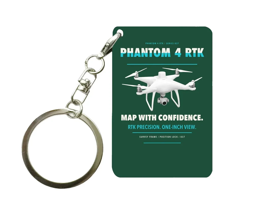 DJI Phantom 4 RTK Key Chain design on dark green key chain
