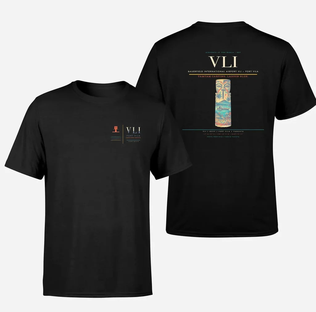 Bauerfield International Airport (VLI) design printed on black double-side t-shirt