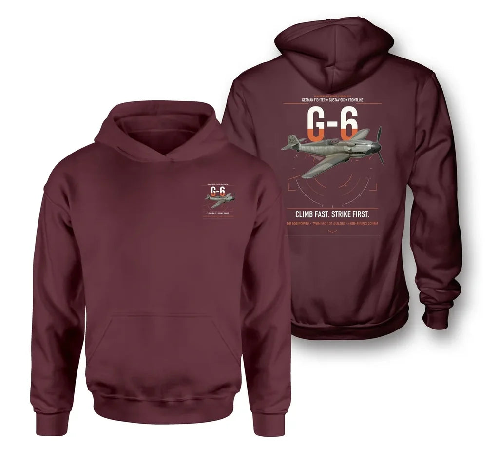 Messerschmitt Bf 109G-6 design on dark red double-side hoodie, double-side print